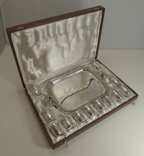Antique French Boxed Liquor Set / Shot Cups with Tray C.1910