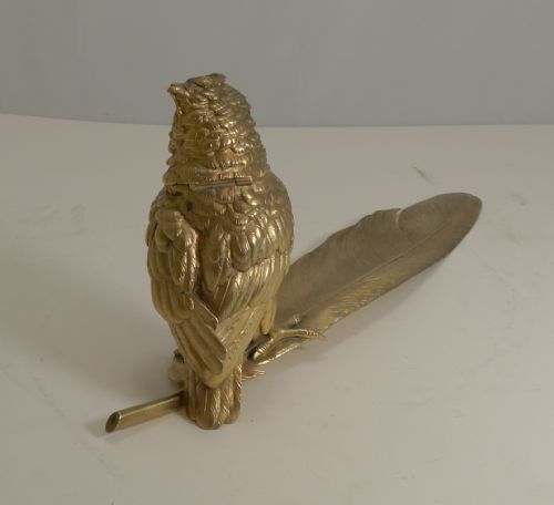 GRAND GILDED AUSTRIAN BRONZE INKWELL PEN REST SIGNED BERGMANN - ADDITIONAL PHOTO 1
