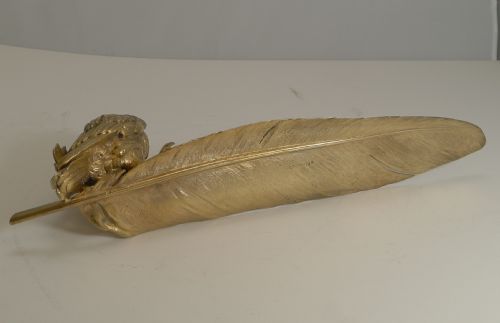 GRAND GILDED AUSTRIAN BRONZE INKWELL PEN REST SIGNED BERGMANN - ADDITIONAL PHOTO 5