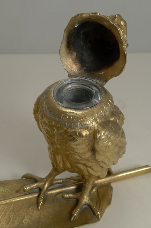 GRAND GILDED AUSTRIAN BRONZE INKWELL PEN REST SIGNED BERGMANN - ADDITIONAL PHOTO 6