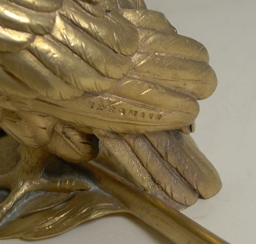 GRAND GILDED AUSTRIAN BRONZE INKWELL PEN REST SIGNED BERGMANN - ADDITIONAL PHOTO 14