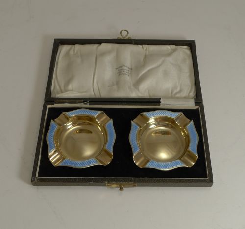 Pair Cased Silver Gilt and Blue Guilloche Enamel Ashtrays - 1929