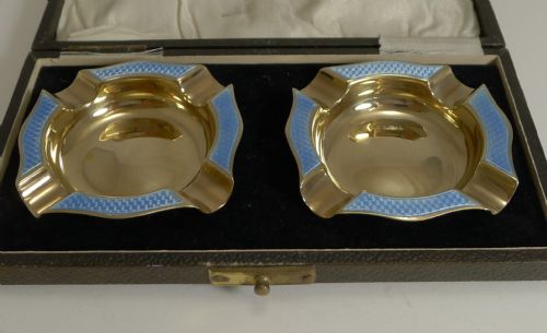 fig 1. Pair Cased Silver Gilt and Blue Guilloche Enamel Ashtrays - 1929
