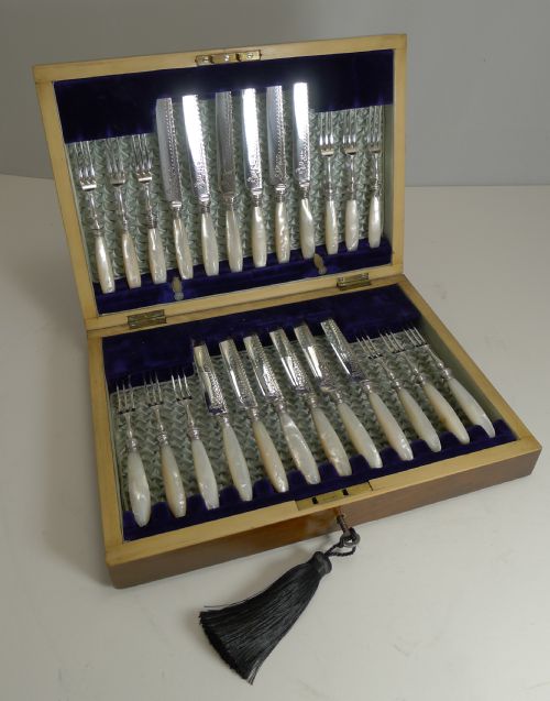 Magnificent Set 12 Fruit Knives and Forks / Mother of Pearl & Silver Plate C.1890 by James Deakin