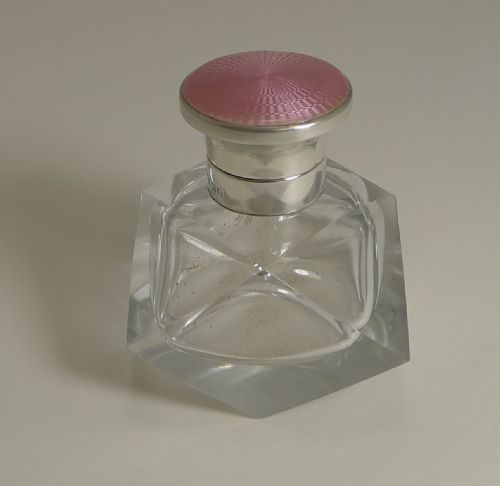 Art Deco Crystal and Sterling Silver Perfume Bottle - Pink Guilloche Enamel