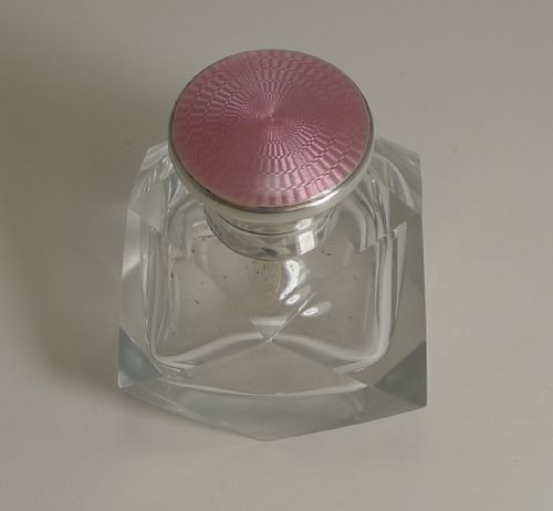 fig 1. Art Deco Crystal and Sterling Silver Perfume Bottle - Pink Guilloche Enamel