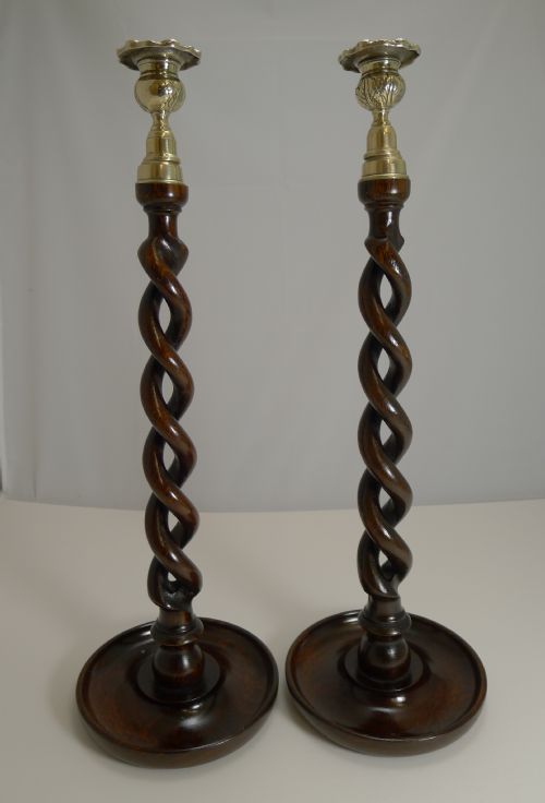 Towering Pair 18" Solid Oak Open Barley Twist Candlesticks C.1900