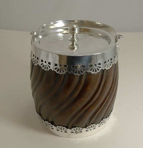 Antique English Silver Plate and Carved Oak Biscuit Box C.1900