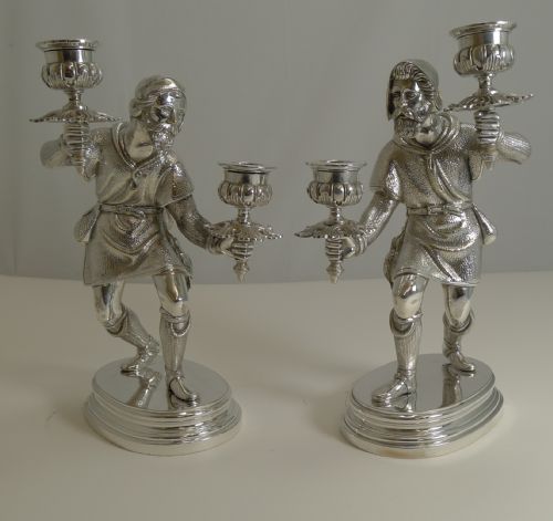 Fine Quality Pair Antique English Figural / Hunting Candlesticks / Candelabra C.1880