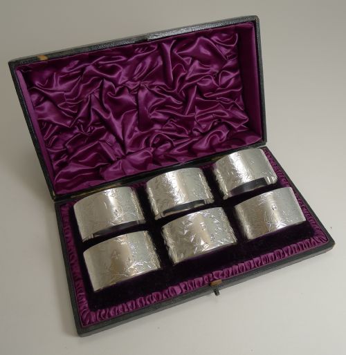 Set Six Cased Antique English Sterling Silver Napkin Rings - Ferns
