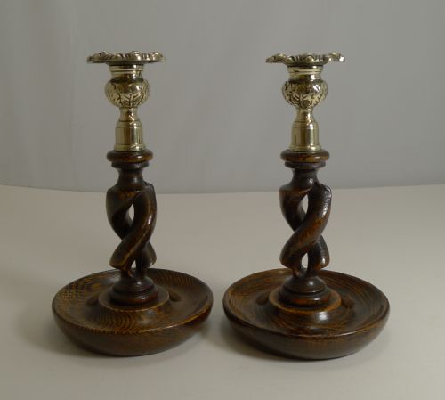 Pair 8" Antique English Oak Open Barley Twist Candlesticks - Brass Thistle Tops