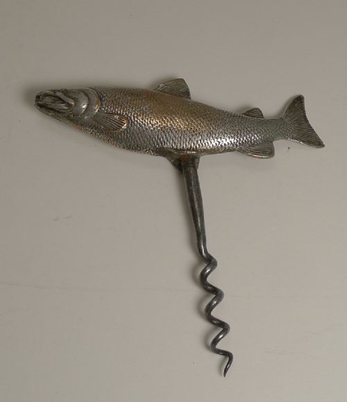 Silvered Bronze Figural Corkscrew C.1900 - Fish - Salmon