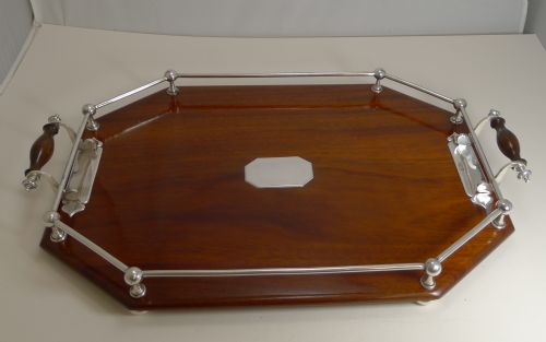 Antique English Mahogany and Silver Plate Drinks / Cocktail Tray C.1900