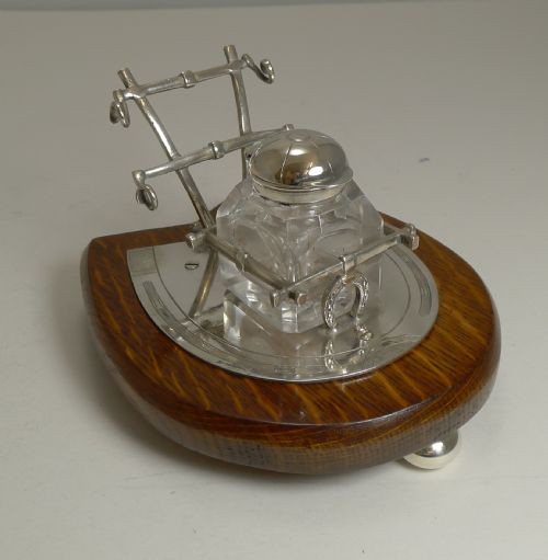 Antique Equestrian Horse Racing / Horseshoe Inkwell by Henry Bourne C.1890