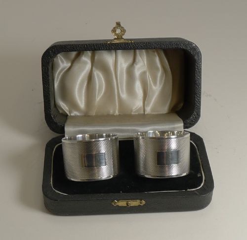 fig 1. Smart Pair Cased Vintage English Sterling Silver Napkin Rings - 1945