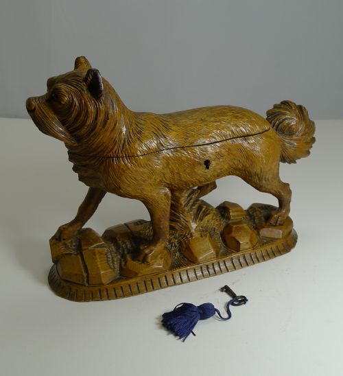 Charming Carved Black Forest Jewellery Box - Dog - Original Silk Interior - 1876