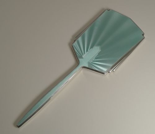 English Art Deco Sterling Silver and Guilloche Enamel Hand Mirror by Walker and Hall