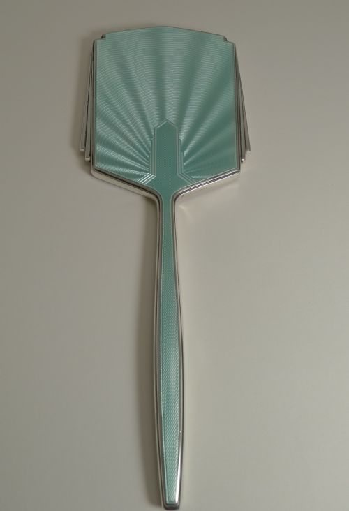 fig 1. English Art Deco Sterling Silver and Guilloche Enamel Hand Mirror by Walker and Hall