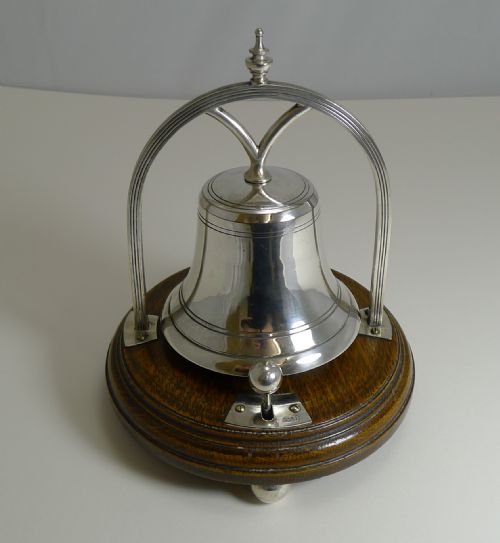 Antique English Oak and Silver Plate Mechanical Desk Bell C.1890