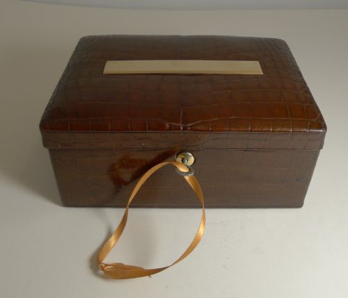 Smart Antique English Crocodile Skin Jewellery Box C.1910 by John Pound, London