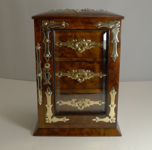 Stunning Antique English Burl Walnut Jewellery Cabinet / Box C.1880