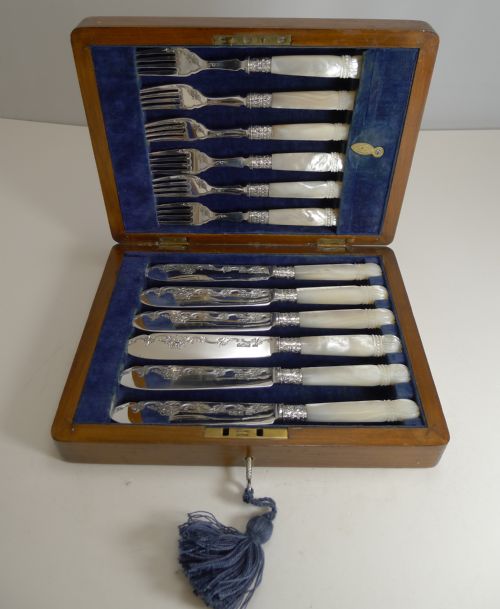 Cased Antique English Sterling Silver and Mother of Pearl Fish Cutlery - 1904