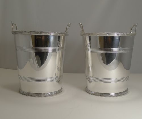Pair English Art Deco Silver Plated Wine / Champagne Coolers by Lee and Wigfull C.1930