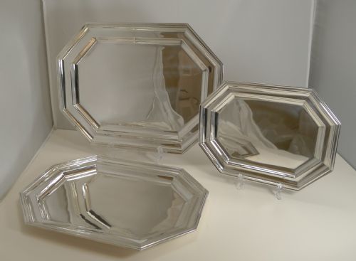 fig 1. Fine Set Three Antique English Graduated Serving Trays or Platters by Mappin and Webb