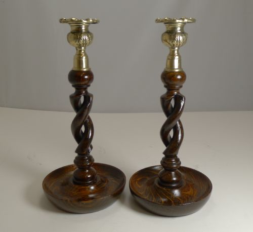 Pair 10" Antique English Oak Barley Twist Candlesticks - Brass Thistle Tops