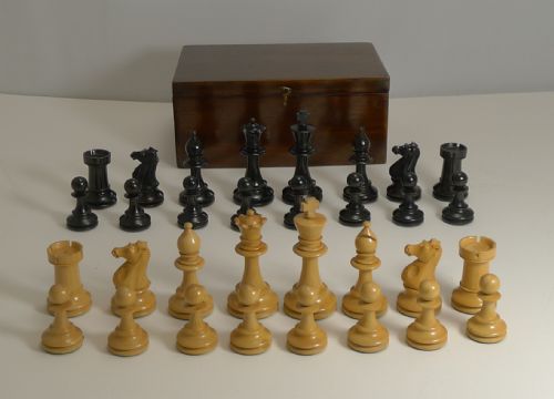 Antique English Boxwood Chess Set with Storage Box C.1910