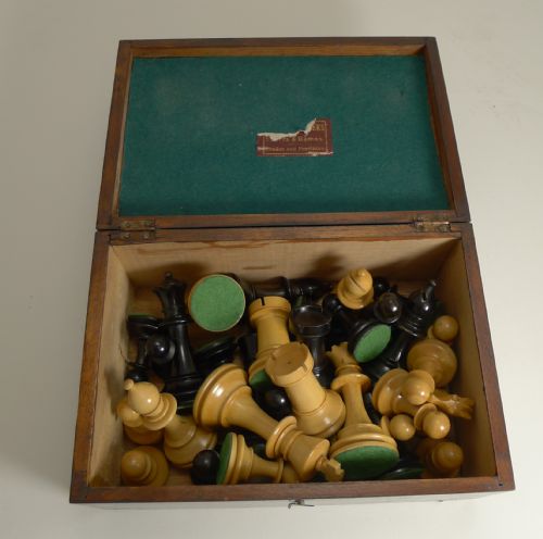 fig 1. Antique English Boxwood Chess Set With Storage Box c.1910