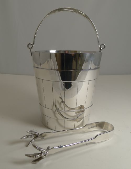 Antique English Silver Plated Ice Bucket / Pail and Tongs C.1900