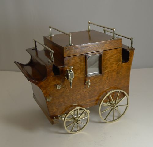 Rare Antique English Oak Novelty Carriage Cigar Box / Humidor - Reg. 1904