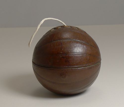 Antique English Novelty String Box / Dispenser - Football / Soccer Ball C.1900