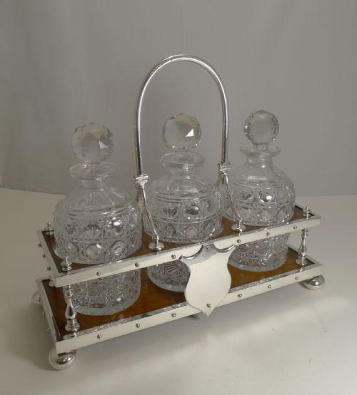 ANTIQUE PARTNER'S OAK AND SILVER PLATE TANTALUS DECANTERS DATED 1885 - ADDITIONAL PHOTO 1