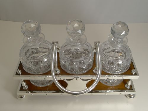 ANTIQUE PARTNER'S OAK AND SILVER PLATE TANTALUS DECANTERS DATED 1885 - ADDITIONAL PHOTO 4