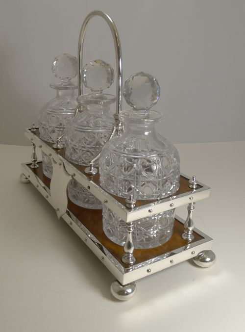 ANTIQUE PARTNER'S OAK AND SILVER PLATE TANTALUS DECANTERS DATED 1885 - ADDITIONAL PHOTO 5