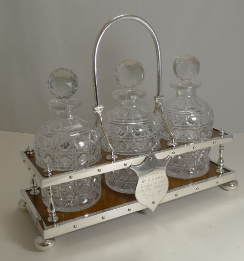 ANTIQUE PARTNER'S OAK AND SILVER PLATE TANTALUS DECANTERS DATED 1885 - ADDITIONAL PHOTO 6