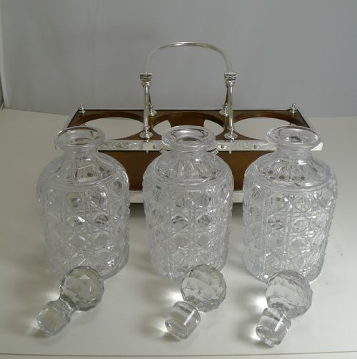 ANTIQUE PARTNER'S OAK AND SILVER PLATE TANTALUS DECANTERS DATED 1885 - ADDITIONAL PHOTO 8