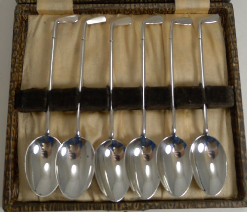 fig 1. Boxed Set English Sterling Silver Spoons - Golf Clubs by Walker and Hall