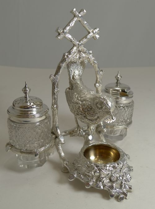 Charming Antique Silver Plated Novelty Cruet - Bird / Wren Building Nest C.1880
