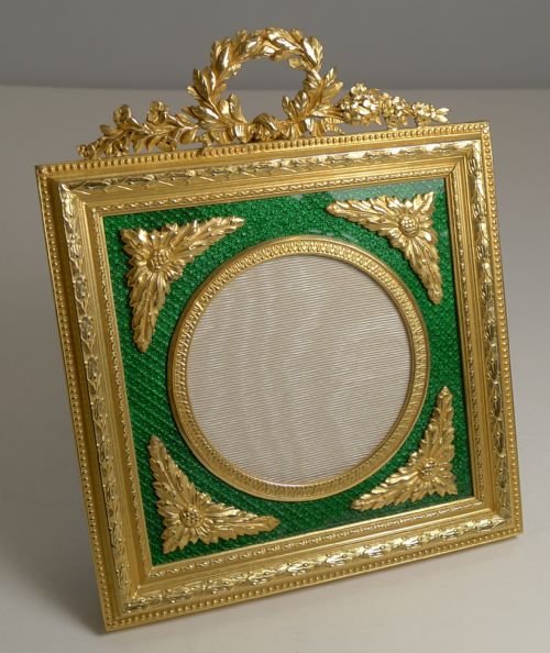 Antique French Gilded Bronze and Green Enamel Photograph / Picture Frame