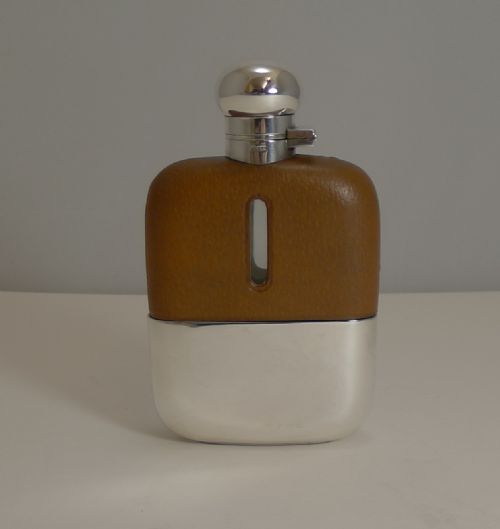 Antique English Leather and Silver Plated Liquor / Spirit / Hip Flask C.1910