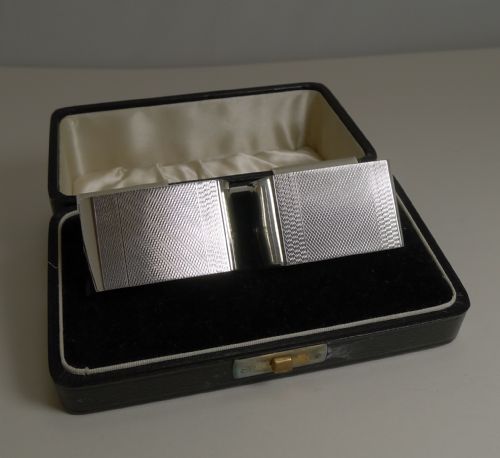 Pair English Art Deco Sterling Silver Napkin Rings - Boxed - 1939