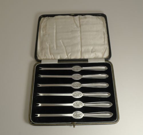 Set Six Cased English Sterling Silver Lobster Picks - 1928