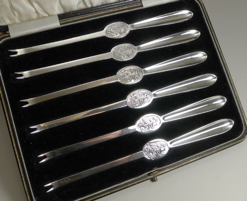 fig 1. Set Six Cased English Sterling Silver Lobster Picks - 1928
