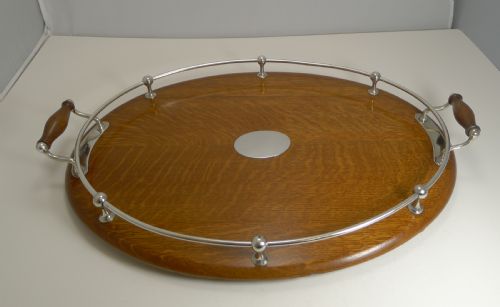 Antique English Oak and Silver Plate Drinks / Cocktail Tray C.1900