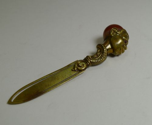 Rare Antique Brass Figural Bookmark - Negro / Blackamoor - Scottish Agate C.1890