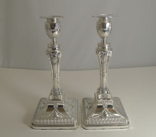 Grand Pair English Silver Plated Adams Style Candlesticks - Ram's Heads C.1880