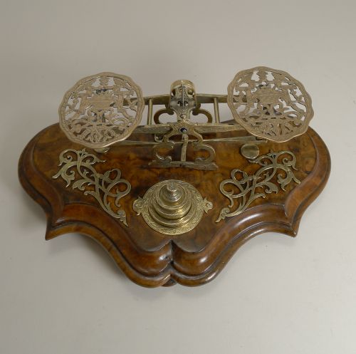 Pair Small Antique English Walnut and Brass Postal / Letter Scales by Sampson Mordan